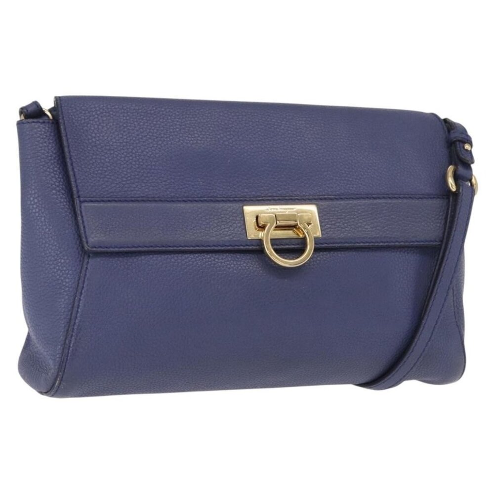 Authentic Salvatore Ferragamo Gancini Shoulder Bag Leather Navy Gold